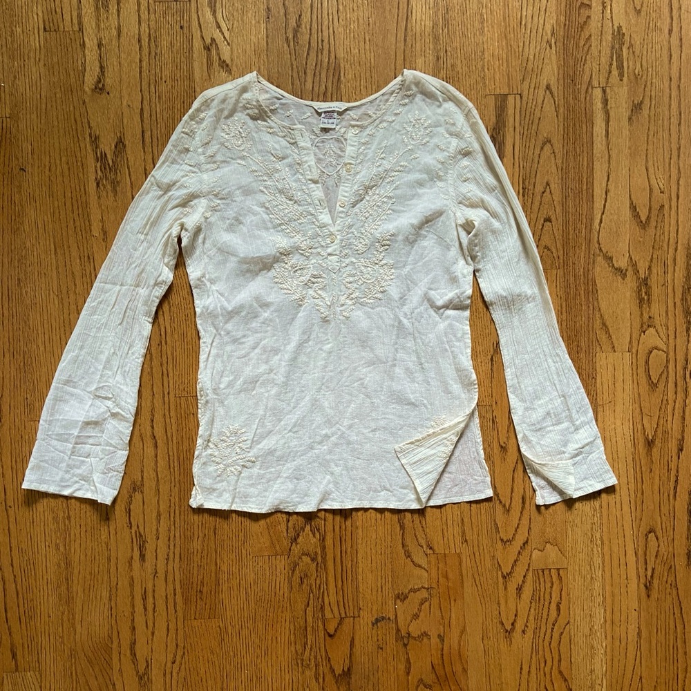 6 button front cream gauze long sleeve tunic top with embroidery. Size Medium